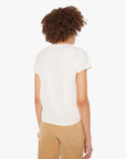 Person wearing a white t-shirt and beige pants on a white background, back view