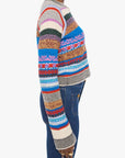 Person wearing a colorful patterned sweater on a white background