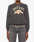 Person wearing a dark gray sweatshirt with a graphic design on a white background