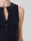 Caralyn Tank in Navy close up shoulder
