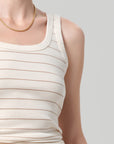 Faye Tank in Golden Pinstripe close up shoulder