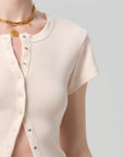 Tabi Short Sleeve Cardigan in Shrimp close up shoulder detail