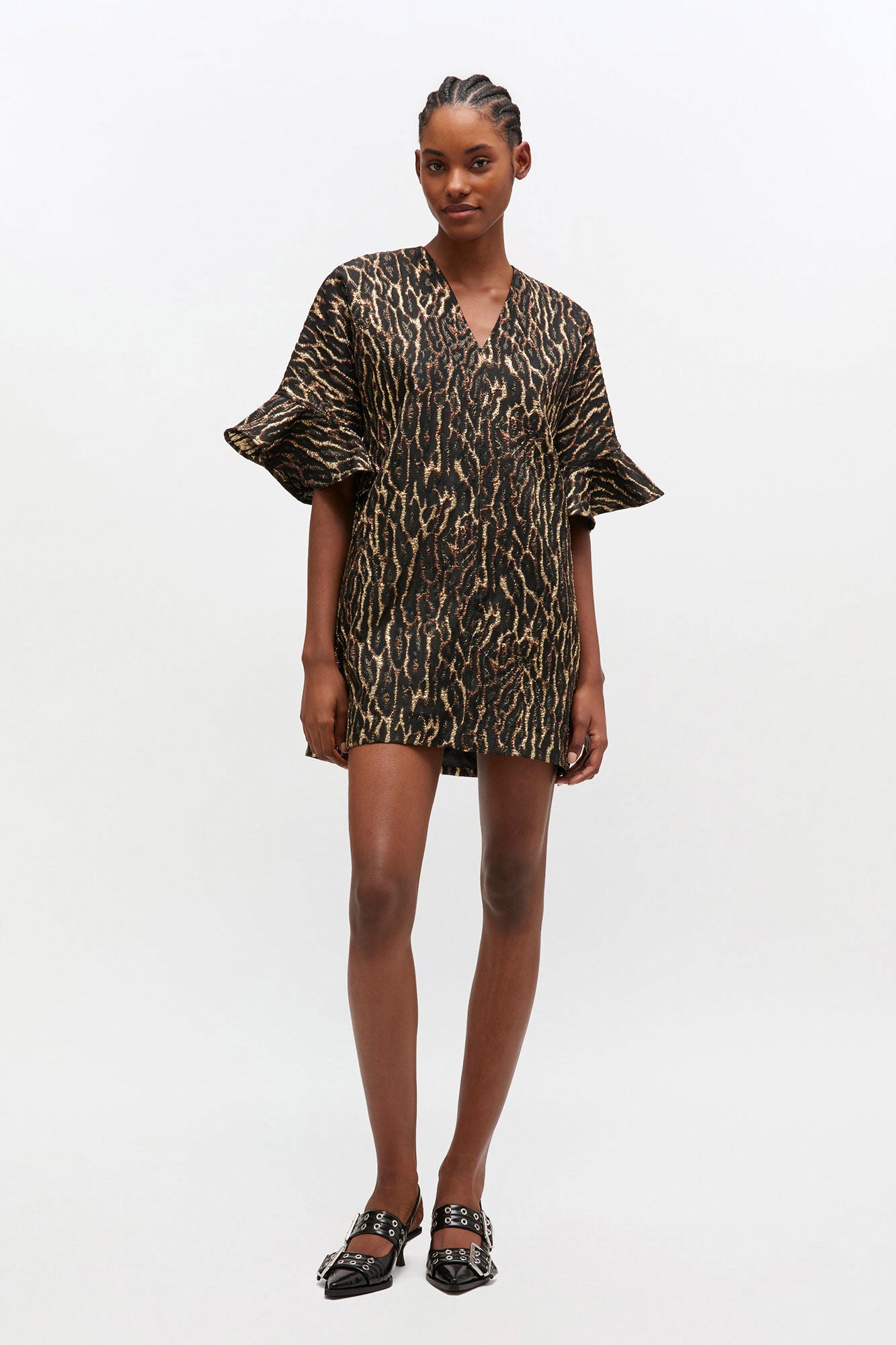 Metallic Cloque Mini Ruffle Dress 32 / Antique Bronze Metallic Cloque Mini Ruffle Dress 32 / Antique Bronze