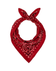 The Silk Bandana True Red tied, by itself