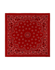 Red bandana with intricate patterns on a white background, laid flat