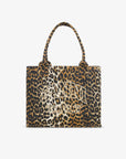 Leopard print tote bag with text on a white background