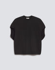 A black short-sleeve crewneck knit top with a relaxed, oversized fit, displayed flat against a light gray background.