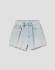 photo on light wash denim shorts on a white background