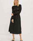 Woman modeling a black dress with lace on white background front view