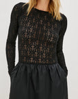 Woman modeling a black dress with lace on white background front view