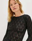 Woman modeling a black dress with lace on white background detail view