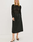 Woman modeling a black dress with lace on white background front view