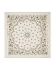 White bandana with black paisley pattern on a white background, laid flat