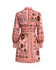 A pink long-sleeve belted coat with an intricate floral and geometric pattern, shown from the back against a plain white background.