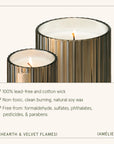 Two candles with metallic finishes on a white background, featuring text about candle properties.