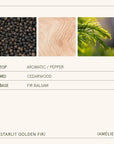 Three images of peppercorns, wood, and greenery with a label underneath.