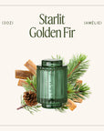Green candle labeled 'Starlit Golden Fir' with decorative elements on a white background