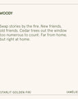 Text description of a scent named 'Woody' with a quote and brand names.