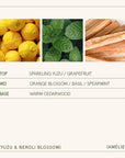 Product label with images of lemons, mint leaves, and wooden sticks, along with fragrance notes.
