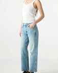 Person wearing a white tank top and light blue jeans on a white background, side