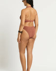Model size M wearing Celeste One Piece in Fawn Shimmer, back