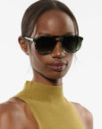 Woman wearing dark sunglasses and a mustard yellow top against a white background