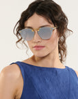 Beau Nylon Sunglasses Powder Blue 18K Mirrored on model with average, heart face shape