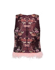 A sleeveless dark burgundy vest featuring an intricate floral brocade pattern in pink, green, and gold, finished with a light pink feather-trimmed hem, shown against a plain white background.