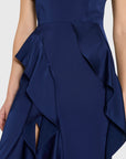detail review of a dark blue ruffle dress