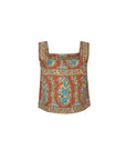 A sleeveless crop top featuring a vibrant red base with intricate blue, green, and gold floral and paisley patterns, presented on a solid white background.
