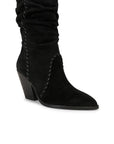 Black ankle boot with a pointed toe and block heel on a white background