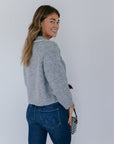 model wearing grey crochet collar cardigan with jeans on a white background, back
