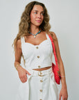 Saro Denim Top close up front with Woven Collar in Ibiza