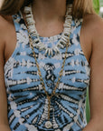 Iggy Rib Maxi Dress Cyan Nexus Wash close up detail view with necklaces