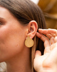 K. Bailey Gold Circle and Marquise Earrings close up