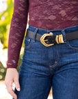 Kimberly 70s Flare close up front with Black belt