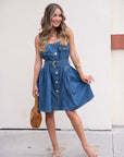 Karina Grimaldi Katerina Denim Mini Dress skirt held out