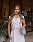 Greylin Lorena Stripe Midi Dress close up styled
