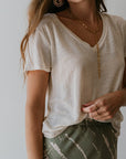 Velvet V Neck Linen Knit Tee close up