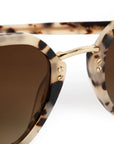 Close-up of a pair of sunglasses with a tortoiseshell patterned acetate frame, gold metal hinge, and dark brown gradient lenses on a white background.