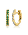 Single Reversible Diamond And Emerald Mini Huggie Earring front and back view