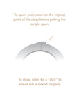 Instructions for opening and closing a bangle clasp on a white background