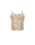 A sleeveless camisole top with a dense multicolor floral print, featuring a ruffled sweetheart neckline and thin shoulder straps, shown against a plain white background.