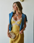 Rowena Jacquard Midi Dress Medal close up with denim shirt over shoulders