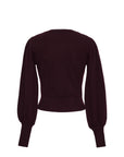 A dark plum purple knit sweater with long balloon sleeves and a cropped hem, shown from the back on a plain white background.