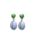 Pair of earrings with green top stones and blue marbled bottoms on a white background