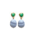 Pair of earrings with green tops and blue bottoms on a white background