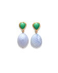 Pair of earrings with green teardrop and blue oval stones on a white background