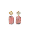 Pair of earrings with pink stone and gold accents on a white background