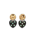 Heart-shaped earrings with gold tops and black hearts featuring turquoise stones on a white background